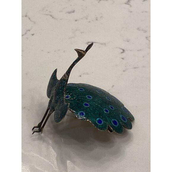 VINTAGE SIAM STERLING GUILLOCHE HINGED PEACOCK FOLDING PIN BROOCH BLUE GREEN